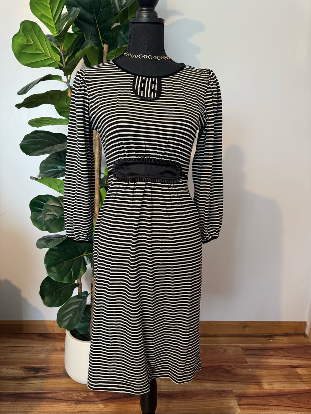 Striped Long-Sleeve Midi Dress with Smocked Waist